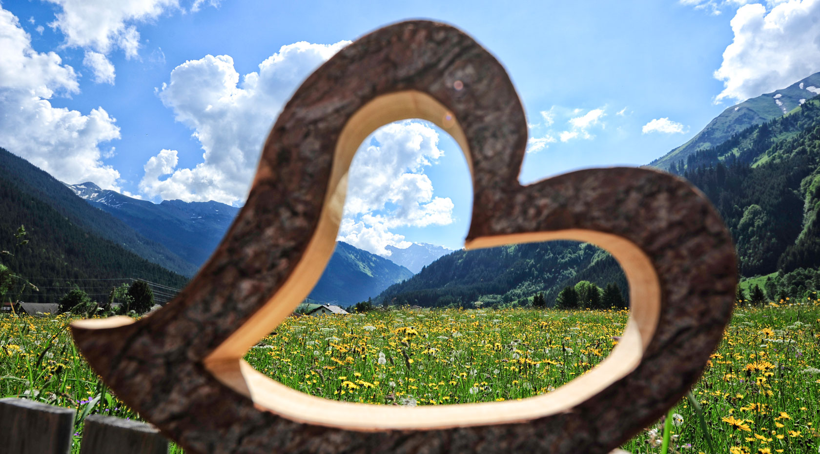 Eine Wiese fotografiert durch ein Herz aus Holz.